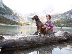 Dog sitting in a log with his owener